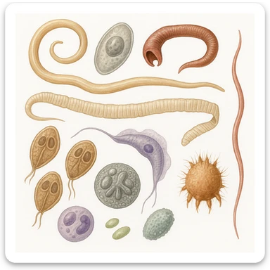 realistic illustration of various parasites including intestinal worms, protozoa, microscopic parasites, scientific style, detailed and clear, white background sticker