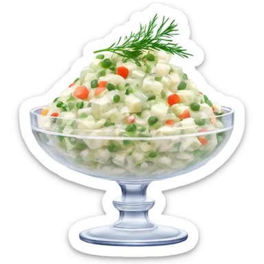 russian salad olivier on a crystal bowl, dill on top of a dish, view from the side  sticker