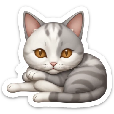 grey and white small cat with its eyes closed lying down with its head resting own paw sticker