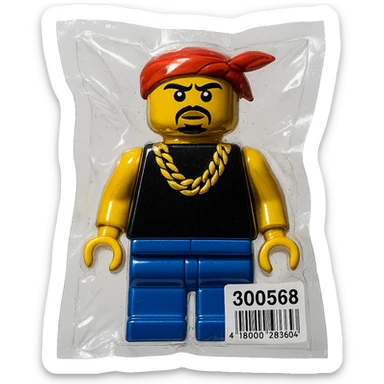 Lego character inspired by Tupac Shakur, with bandana and gold chain, shiny and inflated sticker
