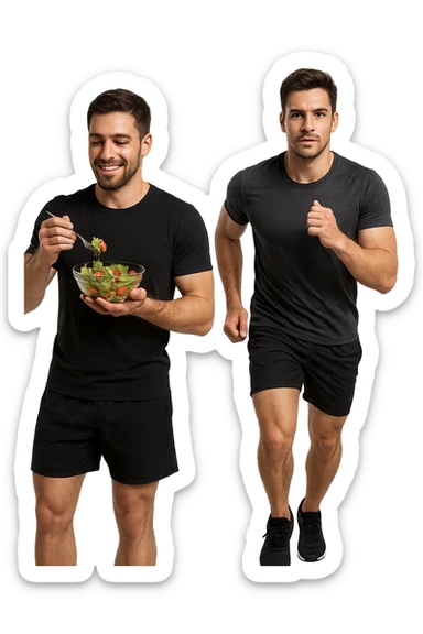 UOMO FITNESS CHE MANGIA INSALATA ACCANTO A UOMO FITNESS CHE CORRE IN POSA FRONTALE sticker