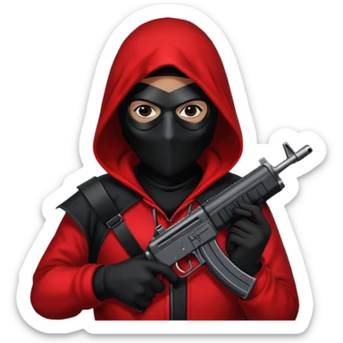 person wearing black mask with a red hood on. on the black mask is one white triangle and they are holding an smg gun. their hands are black too. and  sticker