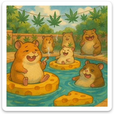 hamsters at a stoner cult pool party, cheese floats, weed leaves, and silly expressions, Ghibli style sticker