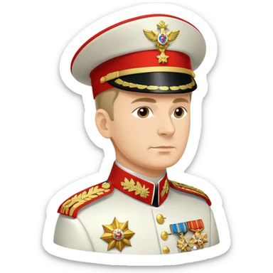 Russian military general in formal uniform with medals and epaulettes, turned slightly to the left, military hat, profile view sticker