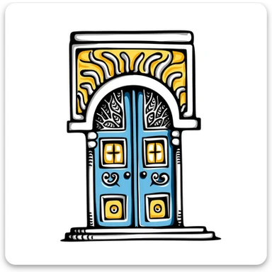 doodle of a Tunisian door with ornate patterns, blue and yellow, hand-drawn style sticker