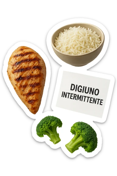 petto di pollo grigliato, bowl di riso basmati e broccoletti fluttuano in aria insieme ad un foglio con la scritta "DIGIUNO INTERMITTENTE", iperrealistico 4k sticker