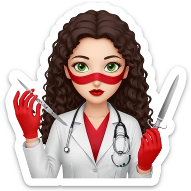 Lilith scalpel sexy evil woman. She has green eyes.  has dark brown long curly hair.  evil surgeon kills holding scalpel.  wears sexy doctor coat with red gloves. Covers only nose neck  and mouth with Muslim red berka  sticker