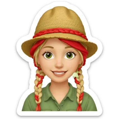 messy green clay mask and red tourist hat blond braided woman big eyes smiling and clay mask sticker