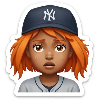 Frowning crying black girl with big tears and a Yankees baseball hat with orange hair sticker