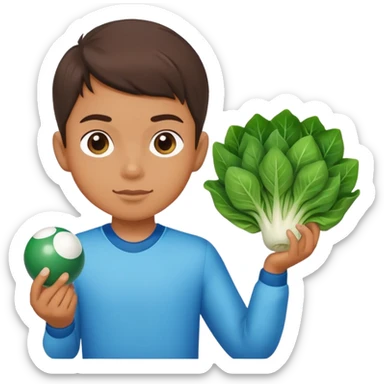 Boy with bokchoy and a pool ball sticker