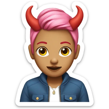Girl with pink hair and red devil horns and a blue jacket sticker