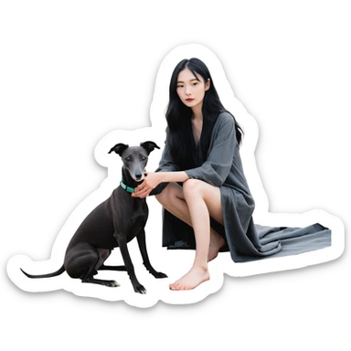 A very beautiful and attractive 25-year-old Chinese woman with long flowing black hair and a SOLID DARK GREY whippet sitting together on a beach during a beautiful sunset. The whippet MUST be COMPLETELY SOLID DARK GREY with ABSOLUTELY NO WHITE MARKINGS ANYWHERE - no white chest, no white face, no white paws, no white tip on tail - ENTIRELY ONE SOLID DARK GREY COLOR throughout the entire dog. Orange and red sunset sky over the ocean, sandy beach in the foreground. sticker