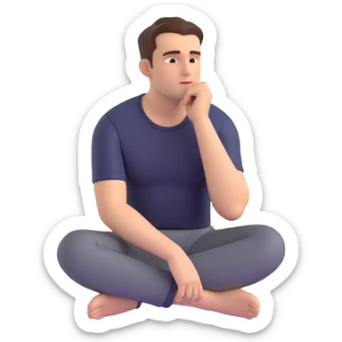emoji-style image of a man sitting alone, hand under chin, gazing to the side with a thoughtful, contemplative look, serious and curious mood, clean simple background sticker