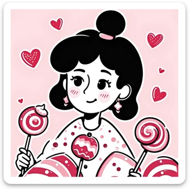 Japanese hand-drawn style portrait background, pink candy theme, with lollipops, sweets, and soft pastel gradients, dreamy and cute sticker