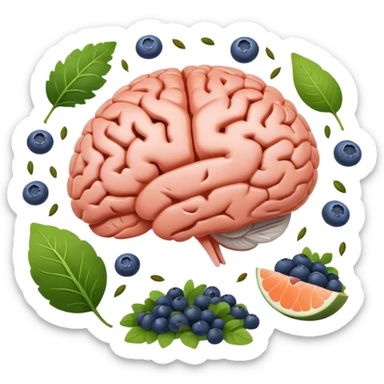 brain surrounded by healthy lifestyle choices, exercising, salmon, dark chocolate, blueberries, seeds, leafy greens . brain booster sticker