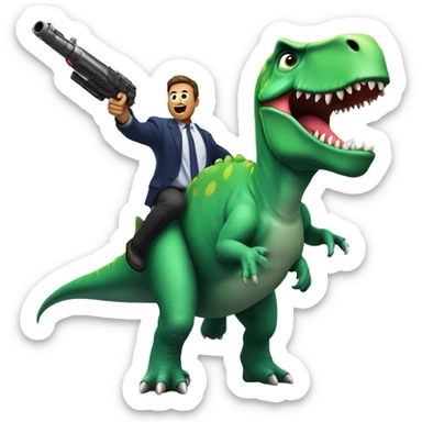 A dinosaur holding a gun in a rocket going trough the space with a man dancing  sticker