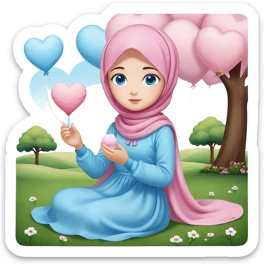 Turkish beautiful finish Konya girl blue eyes with cotton candy hijab long tail dress and sits on the grass on the ground and sends hearts with her hand  sticker