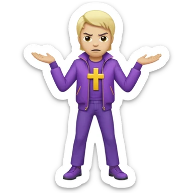 Create A Guy Wearing Light Skin Blond Hair Yellow Cross Purple Jacket Purple Pants And Mad Face sticker