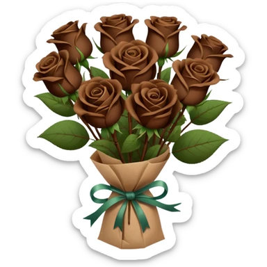 Bouquet of dark  dark brown roses in a paper package sticker