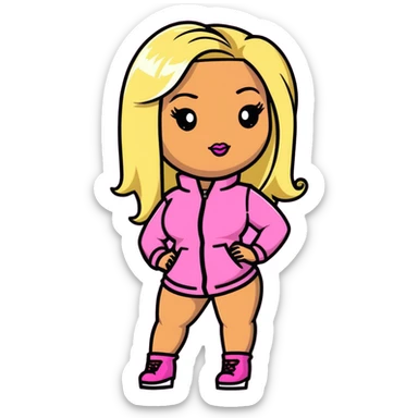 Nicki Minaj wearing a pink outfit with blonde and pink hair sticker