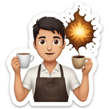 Male barista with exploding coffee  sticker