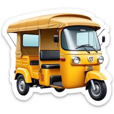 Cinematic Realistic Tuk Tuk Emoji, depicted as a vibrant iconic three-wheeled vehicle with bold colors and a compact design, rendered with crisp textures and dynamic urban lighting that captures its quintessential Thai charm. sticker