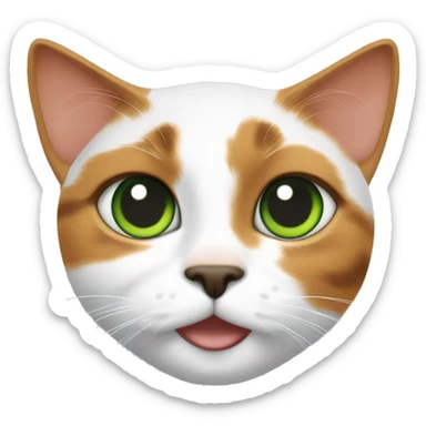 calico cat with green eyes.  Black circles around her eyes. Orange forehead, nose and mouth.  chest and front legs are mostly white, sticker
