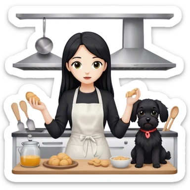 pale girl with long black hair wearing black long sleeve tshirt wearing apron and baking treats holding black floppy ear schnauzer no tail sticker