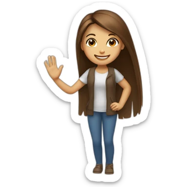 Girl with brown, long and straight hair smiling kindly and waving with the left hand sticker