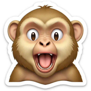 Cinematic Cute Yawning Macaque Portrait Emoji, Head tilted slightly with a dramatic, wide-open yawn, showcasing a gently textured face with half-closed, sleepy eyes and an open, relaxed mouth, Simplified yet irresistibly adorable features, highly detailed, glowing with a soft, cozy glow, high shine, relaxed yet expressive, stylized with a dash of whimsical charm, soft glowing outline, capturing the essence of a drowsy yet affectionate primate that appears ready to stretch out for a nap! sticker