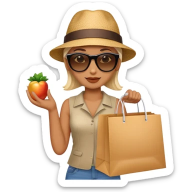mystery shopper wearing sunglasses and a hat, holding a shopping bag sticker