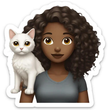 Dark brown curly hair girl with a white cat sticker