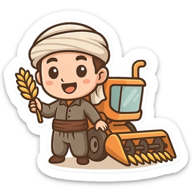 chibi cartoon sticker of a cheerful Kurdish farmer harvesting wheat with a combine harvester sticker