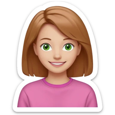  Una donna con una felpa semplice rosa, senza cappuccio. i capelli sono lunghi fino alle spalle marroni chiaro,gli occhi sono verdi e la bocca è contenta  sticker