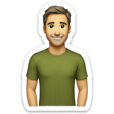 smiling man, olive color t-shirt,  sticker