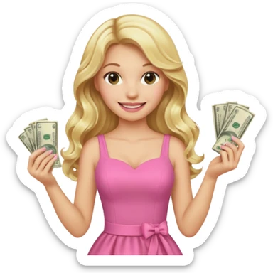 rich long hair blonde millionare woman holding money wearing pink dress sticker