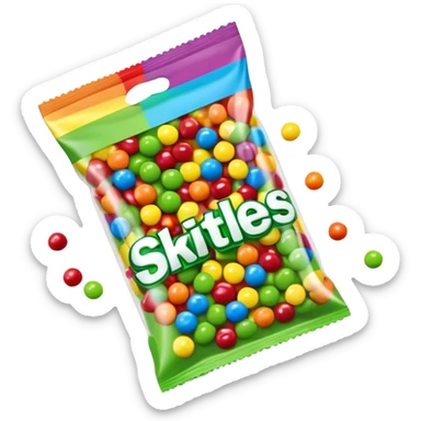 A Skittles candy package opened from the top with green candies spilling out. Minimalist design with rainbow packaging. sticker