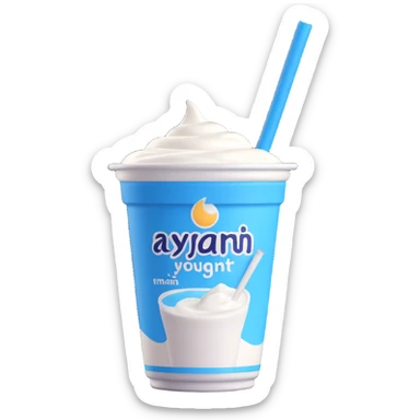 A small carton of Turkish yogurt drink (ayran) with a straw, white and blue packaging sticker
