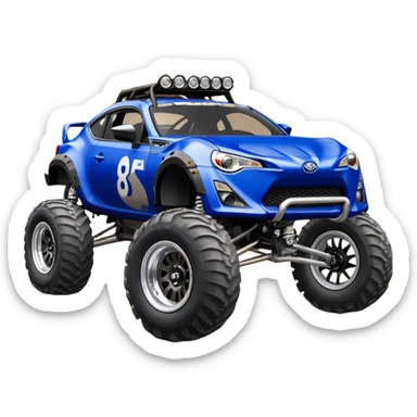 LCG Armored Dirty raced redneck 2013 scion fr-s ultramarine off road 4wd monster truck style Baja dessert stadium rock racer number 86 with sophisticated long travel swing arm suspension, shiny silver wheels, exaggerated wide black fender flares and trailer  sticker