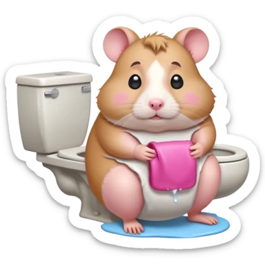 Cute chubby cartoon-style hamster sitting on toilet pooping looking as if he had an accident sticker