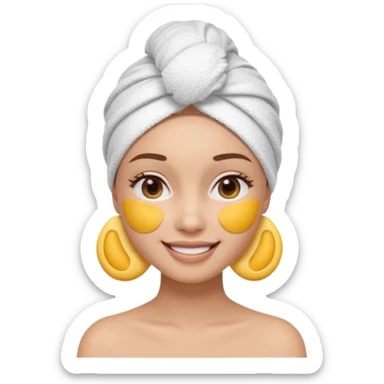 3D emoji style woman with towel head wrap, under-eye patches, smiling softly, clean girl skincare aesthetic, soft studio lighting, smooth skin texture, minimalist beige background, high resolution, PNG sticker