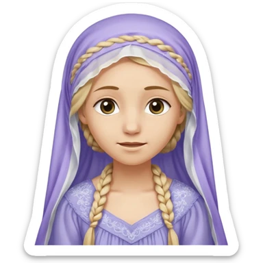 
mujer, Joven, de aspecto dulce y elegante.
Piel clara, ojos grandes y expresivos, sonrisa triste.
Rubio o castaño claro, largo, con trenzas o velo.
Vestido largo cubriendole los zapatos, çde tonos suaves (blanco, azul o lavanda), con bordados dorados; toca fina cubriendo la cabeza. sticker