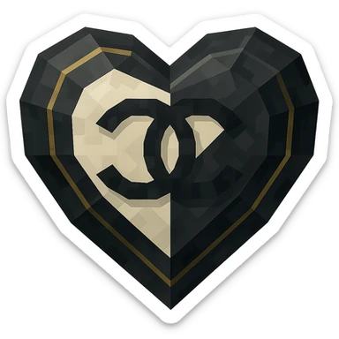 Chanel heart in low poly 3D style, geometric, black and white, with subtle gold highlights sticker