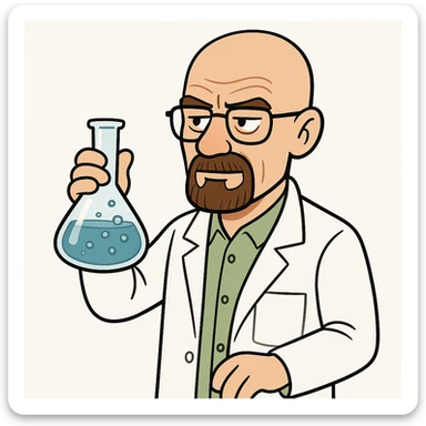 Walter White, cartoon style, bald, glasses, goatee, wearing a lab coat, holding a flask, white background sticker
