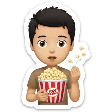 generate a pretty tan bratz boy with a brown tshirt on. eating popcorn. messy black hair sticker