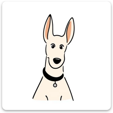 A Doberman dog with pointy ears and sleek body in pastel colors (dd9fb0, ffc6d3, a3bfc9, c4bee2, f1b091), hand-drawn doodle style sticker