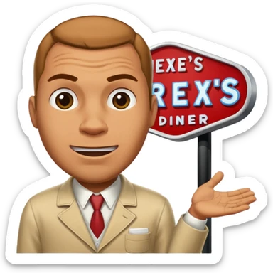 A rex from gta5 flicking on a open and close sign for rexs diner sticker