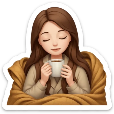 long brown hair woman closed eyes covered with cozy beige blanket, holding cup of coffee, autumn mood sticker