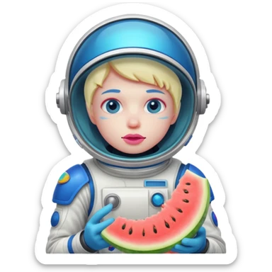 Neon pink and blue spaceman eating melon looking suspicious sticker