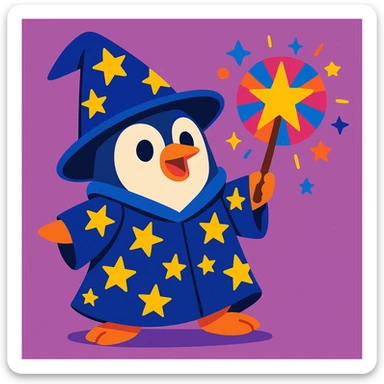 cute penguin wizard casting a spell, wearing a starry robe and holding a wand, colorful cartoon style, vibrant colors sticker